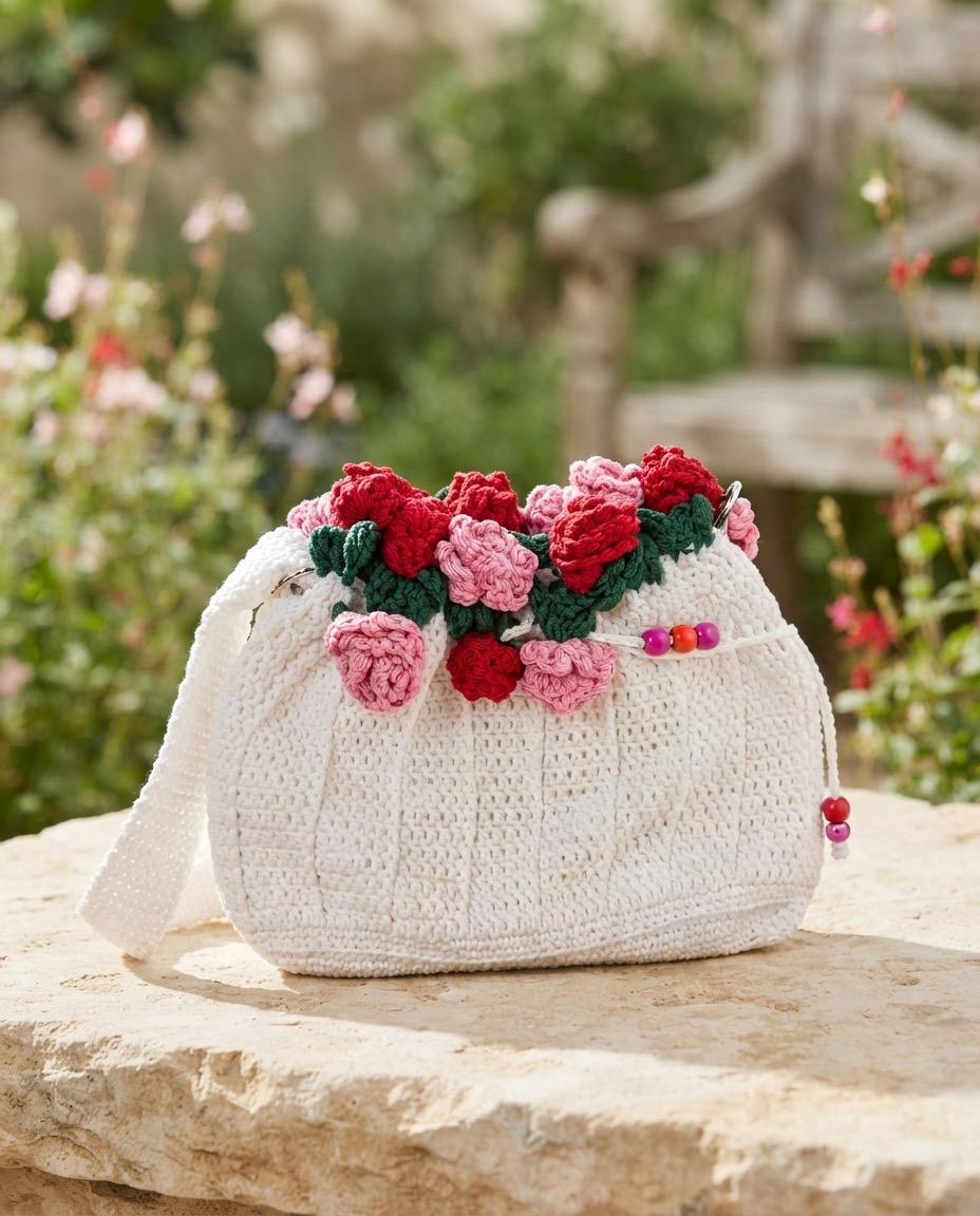 White bag with red and pink roses belt with pocket