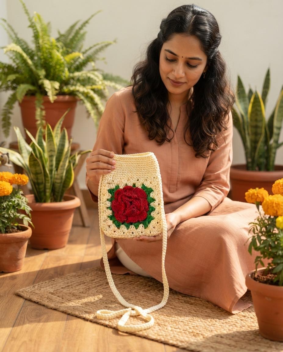 White bag with red rose